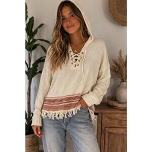 Crescent Lace Up Hooded Sweater Boho Fringe Knit Hoodie Size L